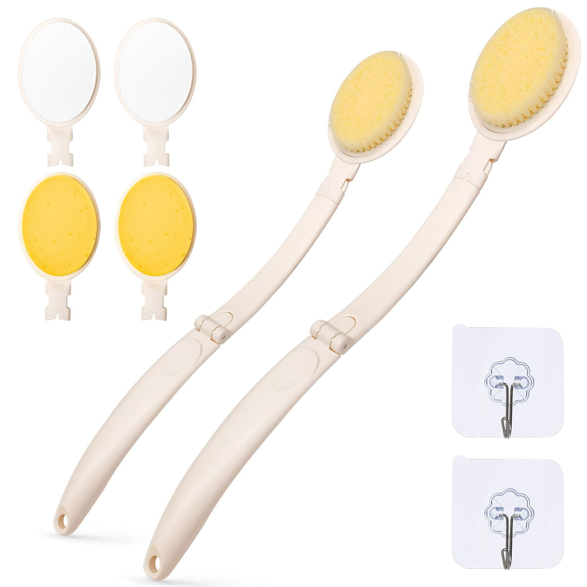 LFJ 19" Long Handle Shower Sponge Brush Set, 3 in 1 Body Brush, Bath Sponge and Lotion Applicator Improved Skin Health, Suitable for Men and Women (White Brush-1P)