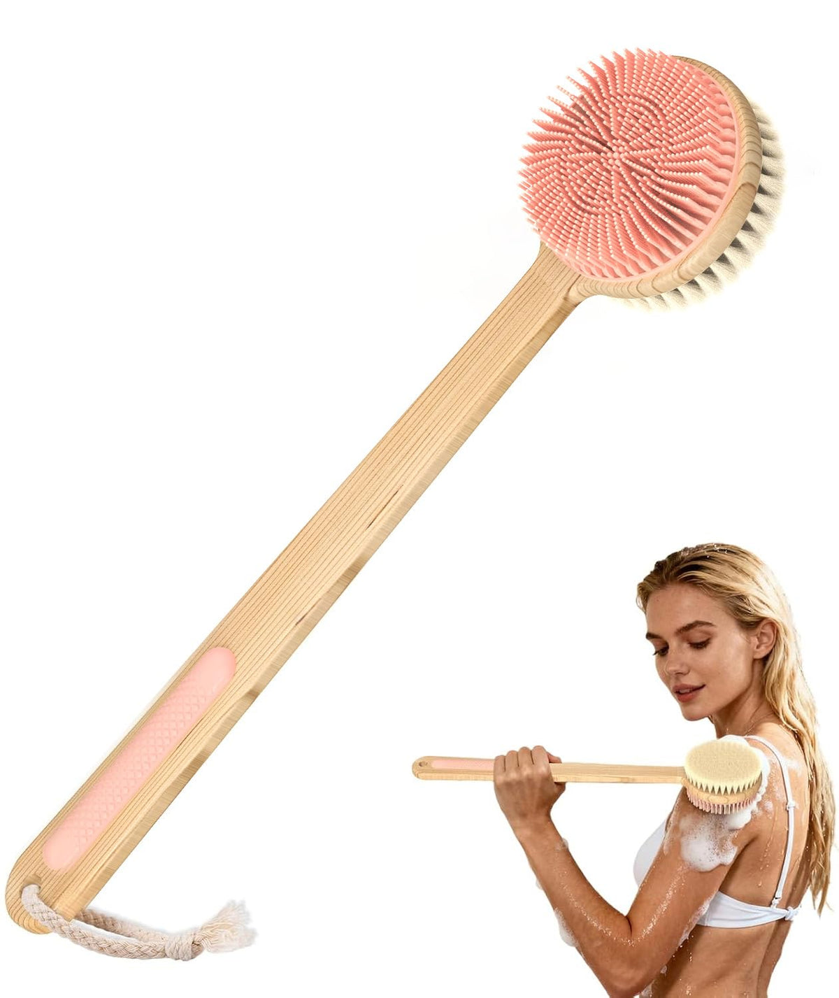 Back Scrubber for Shower,17in Bamboo with Curved Long Handle - Stiff Natural Boar Bristles for Men and Women, Deep Cleansing and Exfoliating, Anti-Slip Grip for Wet or Dry Brushing