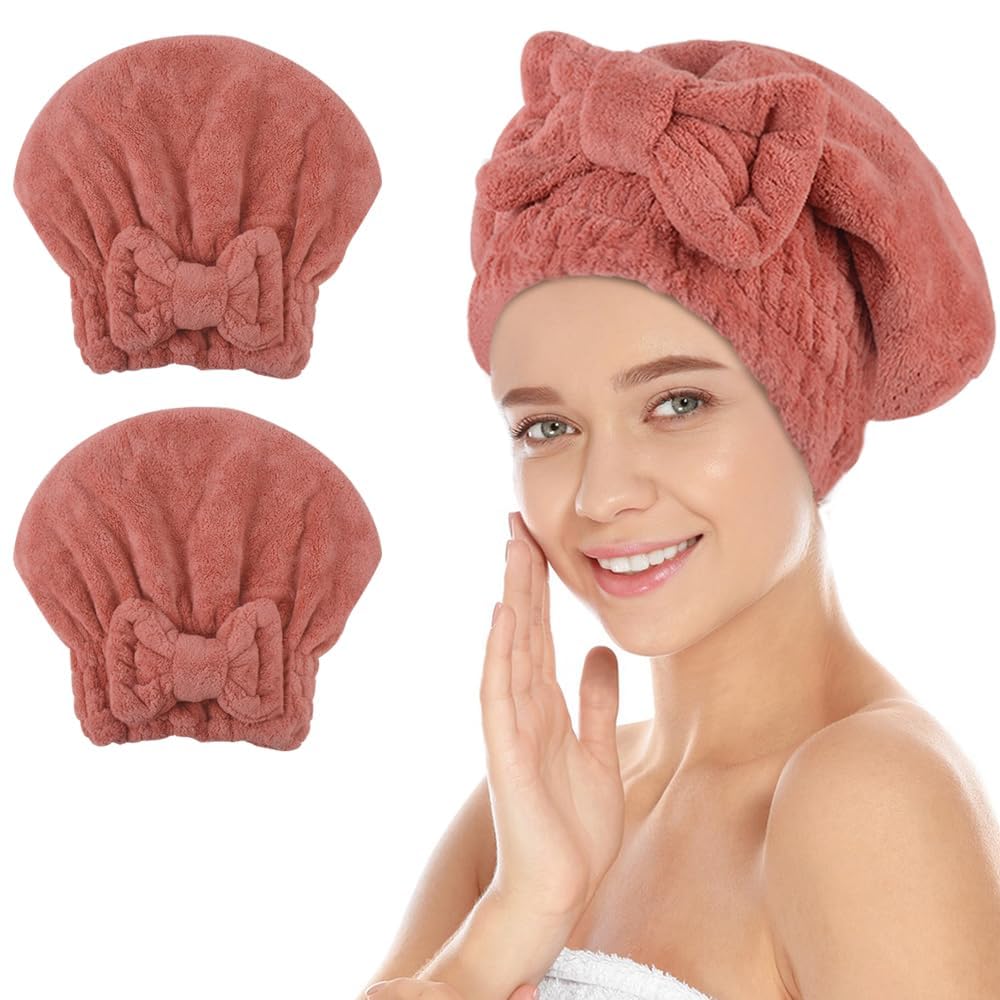 SUNLAND Large Microfiber Hair Drying Caps with Bow Knot 2 Pack Brown