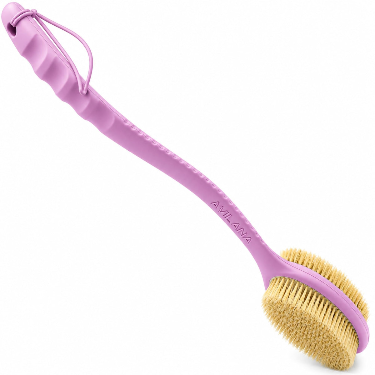 Avilana Long Handle Body Brush for Shower, 19 Inch Curved Back Scrubber with Soft & Stiff Bristles, Exfoliating Body Brush for Back, Legs & Feet, Non-Slip Silicone Handle, Replaceable Head System