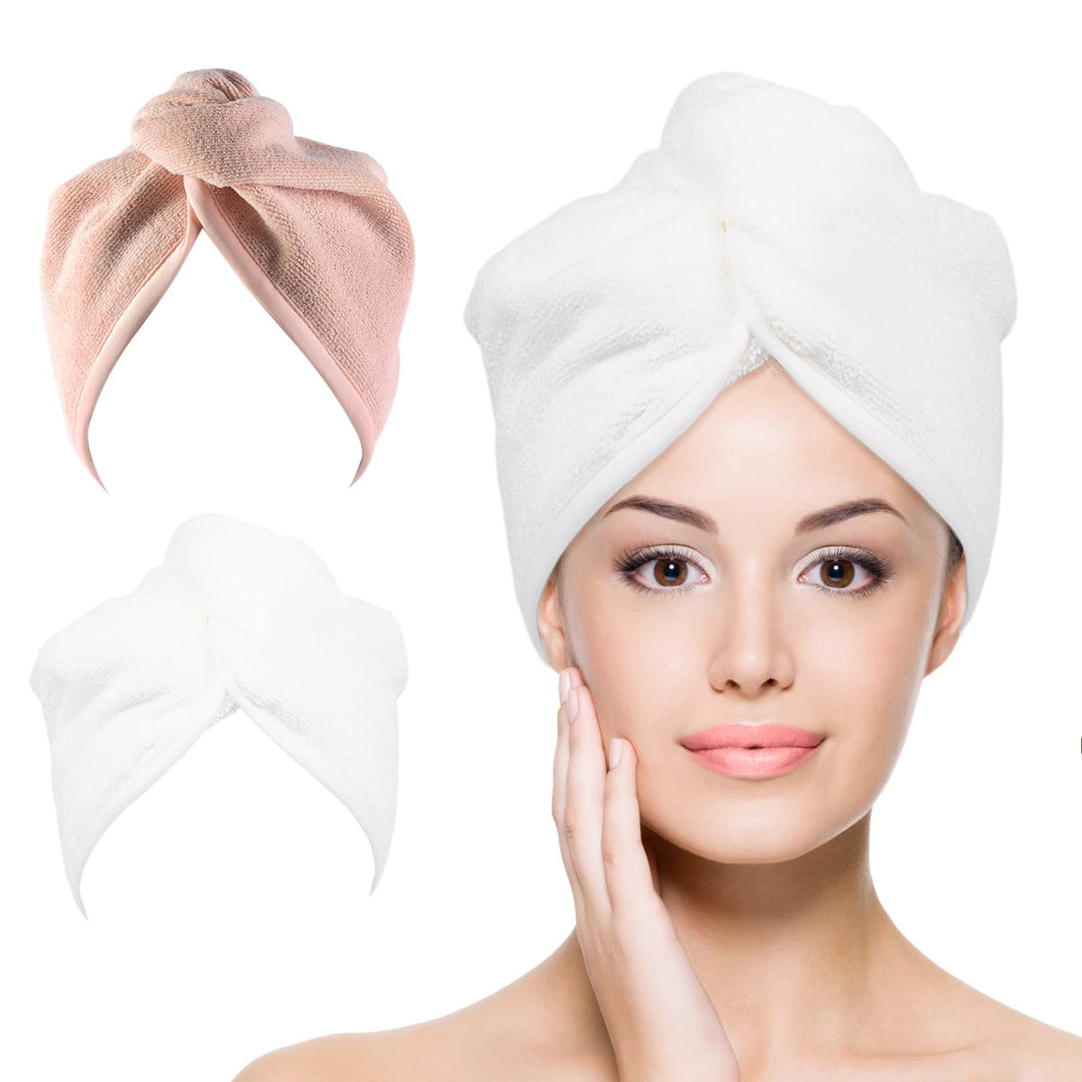 Microfiber Hair Towel Hair Wrap: 2 Pcs 10X26 Hair Dryer Women (White Beige)