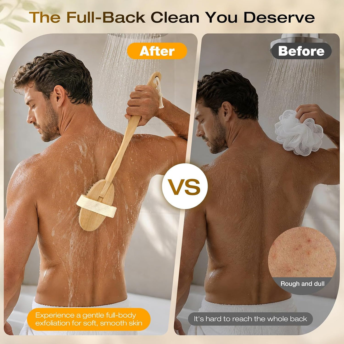 Dry Brushing Body Brush with Long Handle, Natural Bristle Back Brush