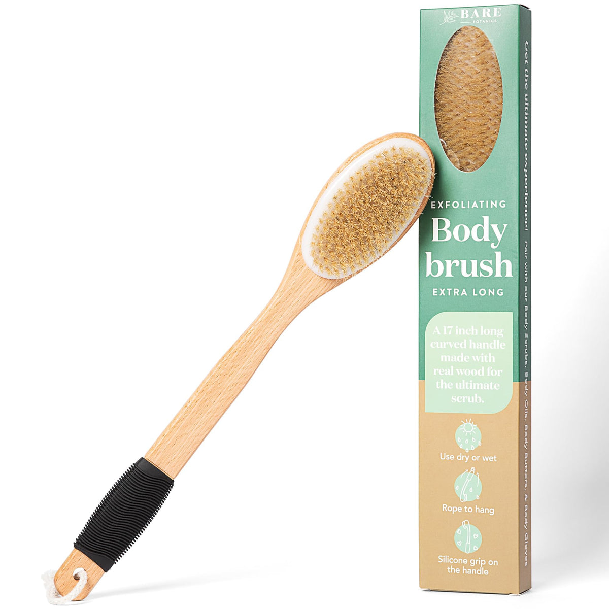 Bare Botanics 17" Extra Long Dry Body Brush - Medium Firmness Back Scrubber
