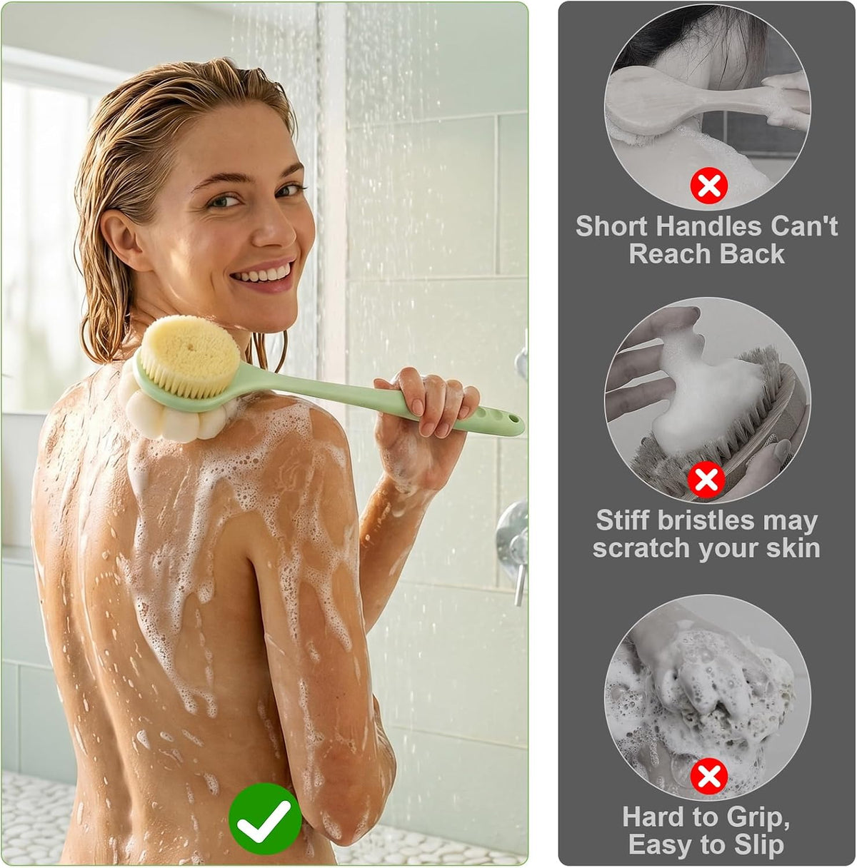 Back Scrubber for Shower with Long Handle, Double-Sided Shower Brush for Body, Loofah Back Scrubber & Bristle Bath Brush, Back Brush for Shower Exfoliating Hard-to-Reach Areas, Bath Brush Long Handle