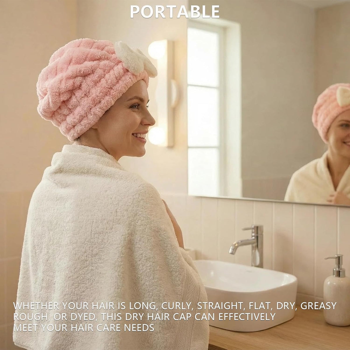 4-Pack Microfiber Hair Towel Cap for Short/Medium Hair, No Twist, No Tug, Soft Absorbent Drying Hat with Bow for Women - Great for Skincare, Makeup, Shower