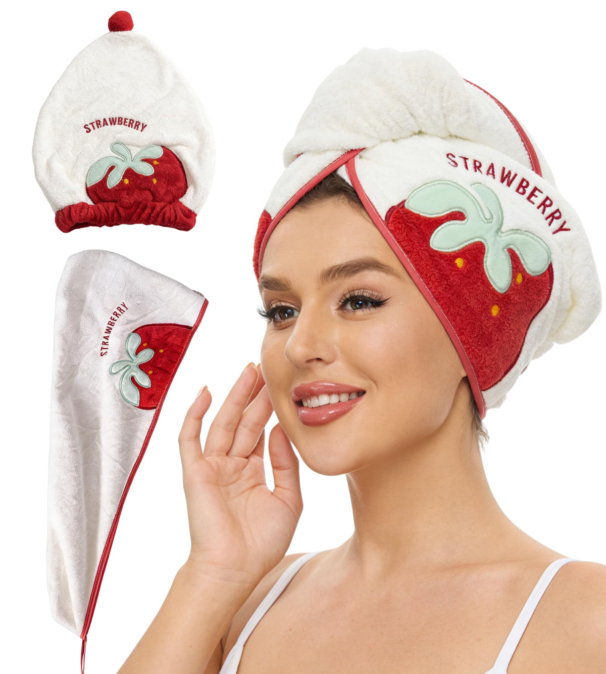 XEF 2Pcs Microfiber Hair Towel Wrap for Women, Hair Drying Cap with Cute Strawberry Pattern,Quick Dry Hair Towel,Pink