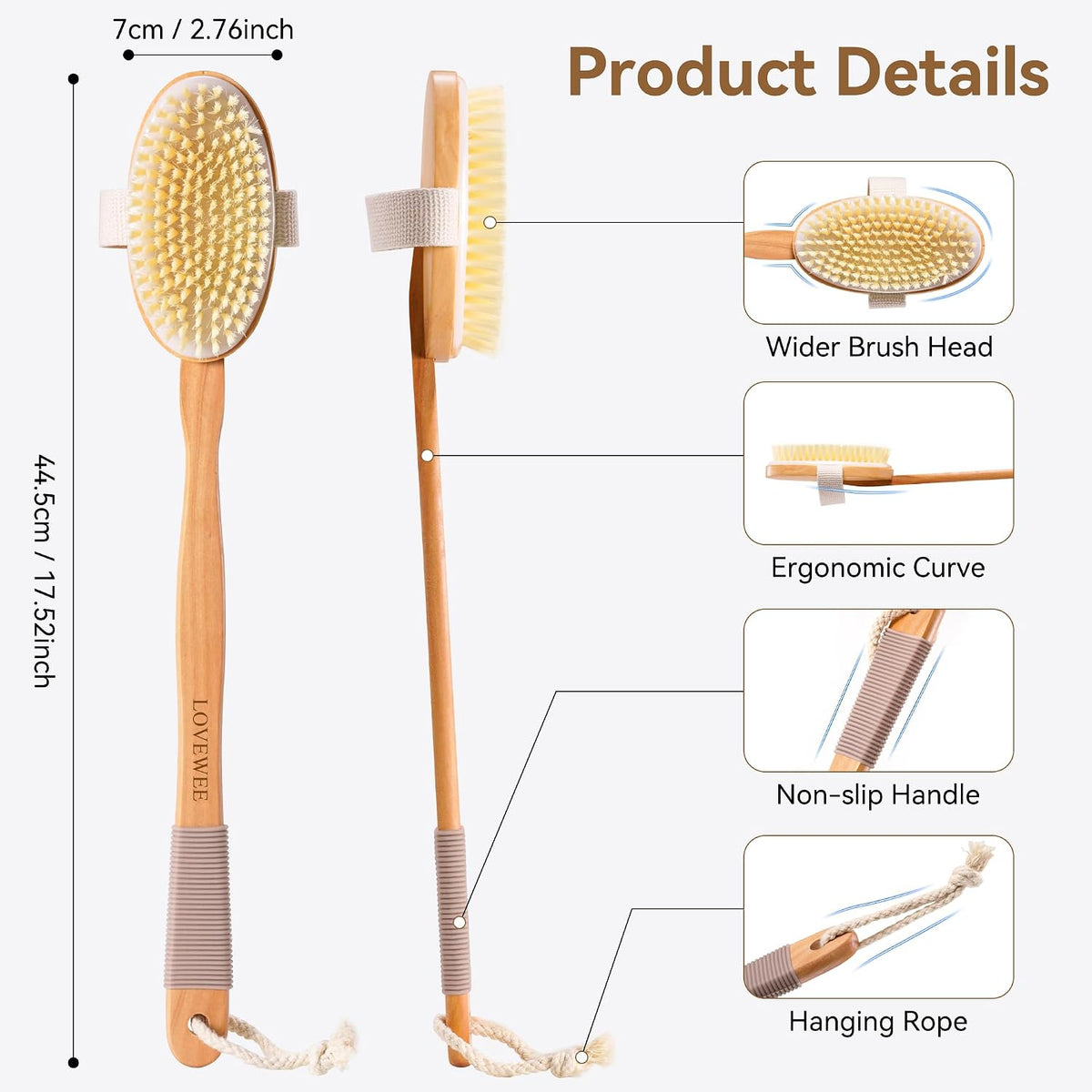 7-in-1 Body Brush Set for Shower & Dry Brushing – Long Handle Back Scrubber, 3 Replaceable Bristle Heads, Silicone Face Cleanser & Loofah – Exfoliating, Smooth Skin & Home Spa Kit