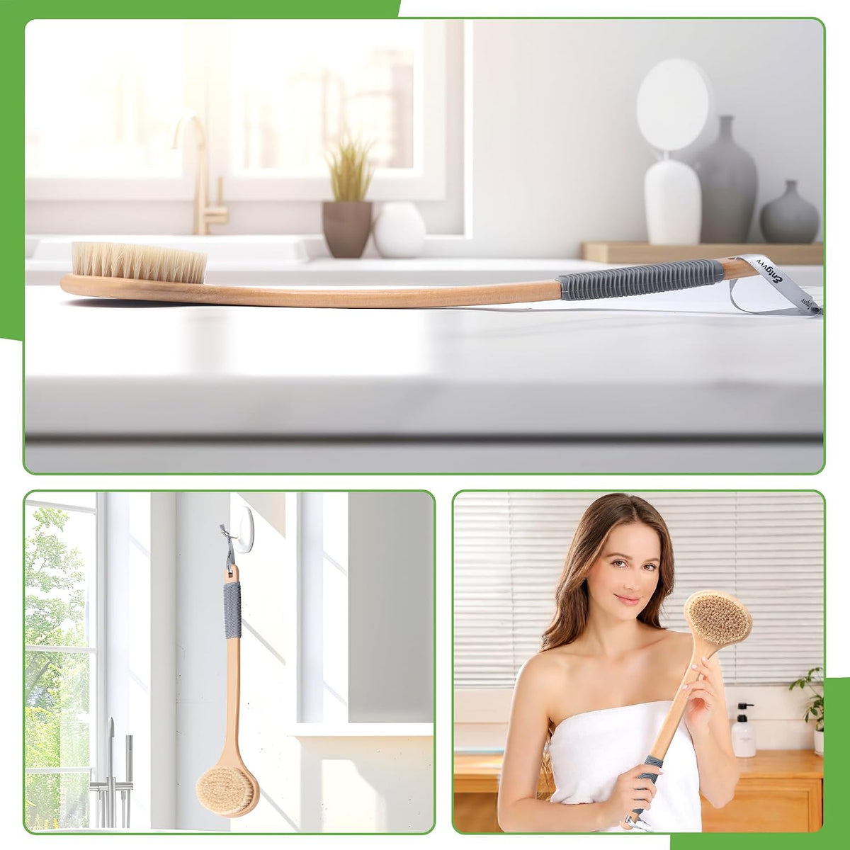 Bath Brush Long Handle for Shower, Back Scrubber Boar Bristle Brush
