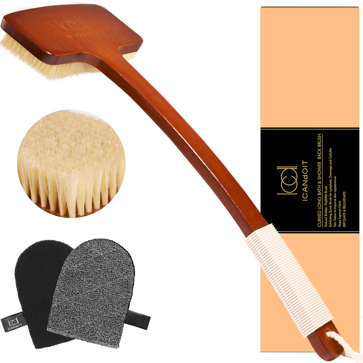 ICANdOIT Stiff Sisal Back Scrubber Shower Brush Set with Face Exfoliator