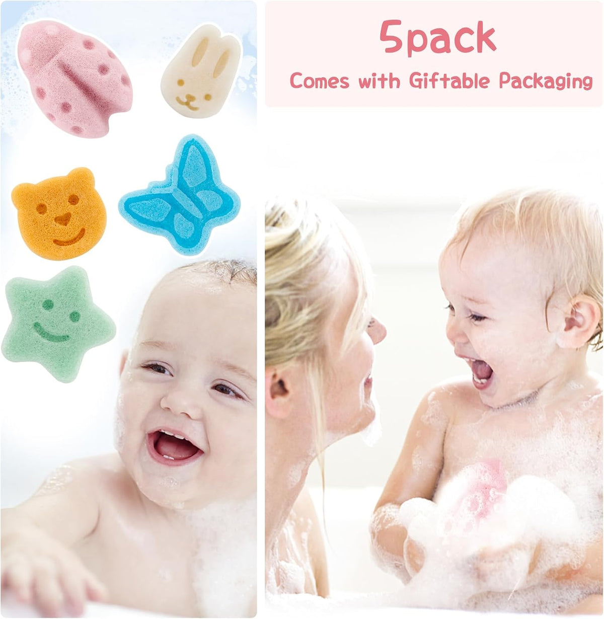 Konjac Baby Bath Sponge Set - Soft Cleansing Facial & Body Sponge for Delicate Skin, Natural Konjac Fiber Bath Sponge for Infants & Sensitive Skin, 5 Pack