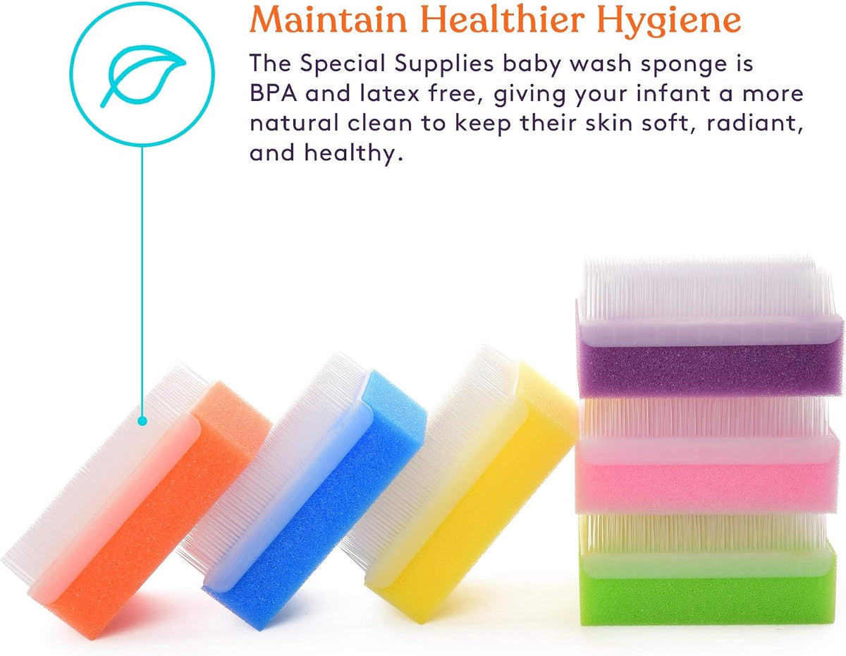 Special Supplies (6 Pack) Baby Bath Sponges Soft Foam Sensory Scrubber with Cradle Cap Bristle Brush - Body, Hair, and Scalp Cleaning - Gentle on Infant, Toddler Sensitive Skin - Great Sensory Feel
