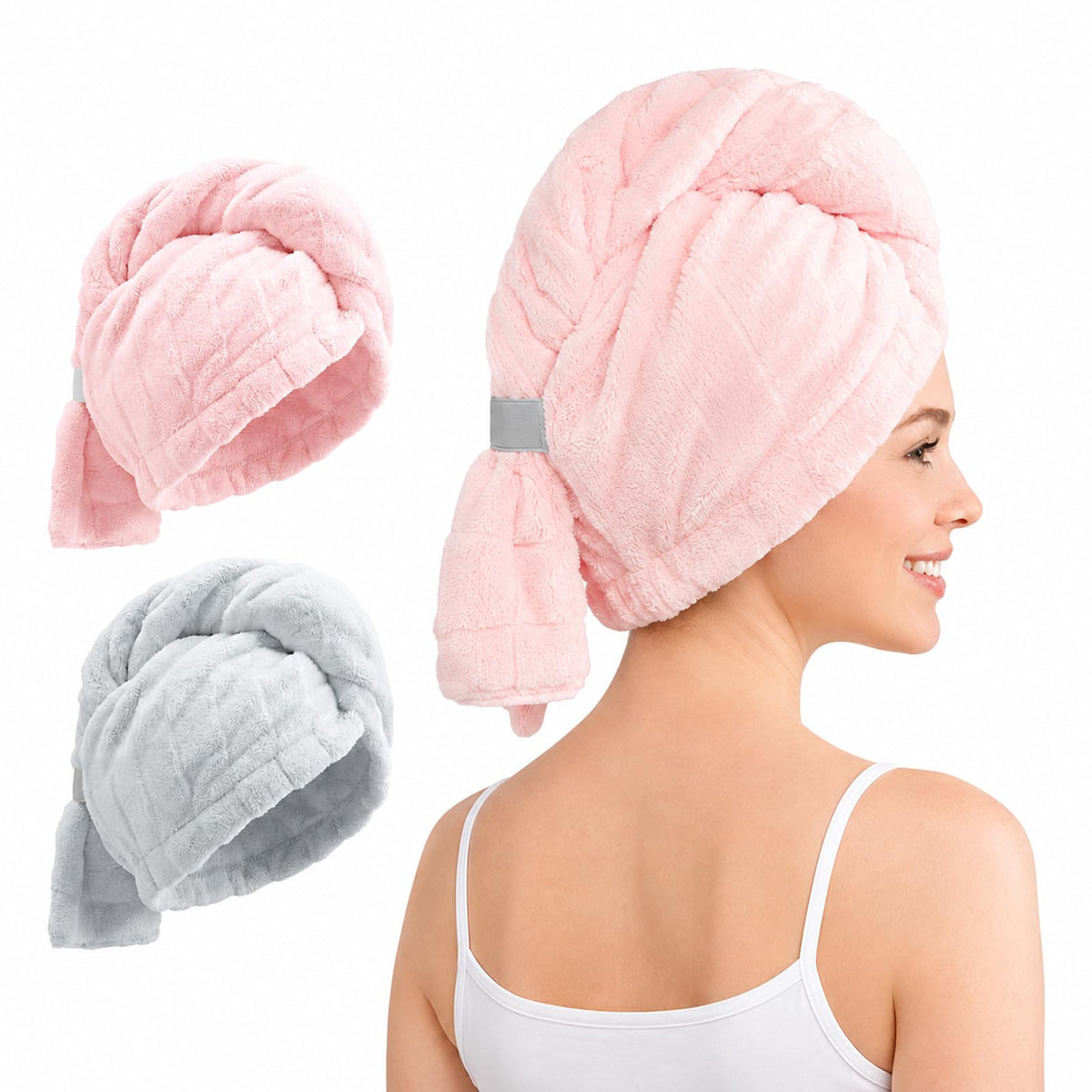 REDKISS 3 Pack Microfiber Hair Towel Wrap for Women, Super Absorbent Quick Dry Hair Turban for Thick Long Curly Hair, Large Stay-Put Anti-Frizz Hair Drying Towels, Pink Blue Gray