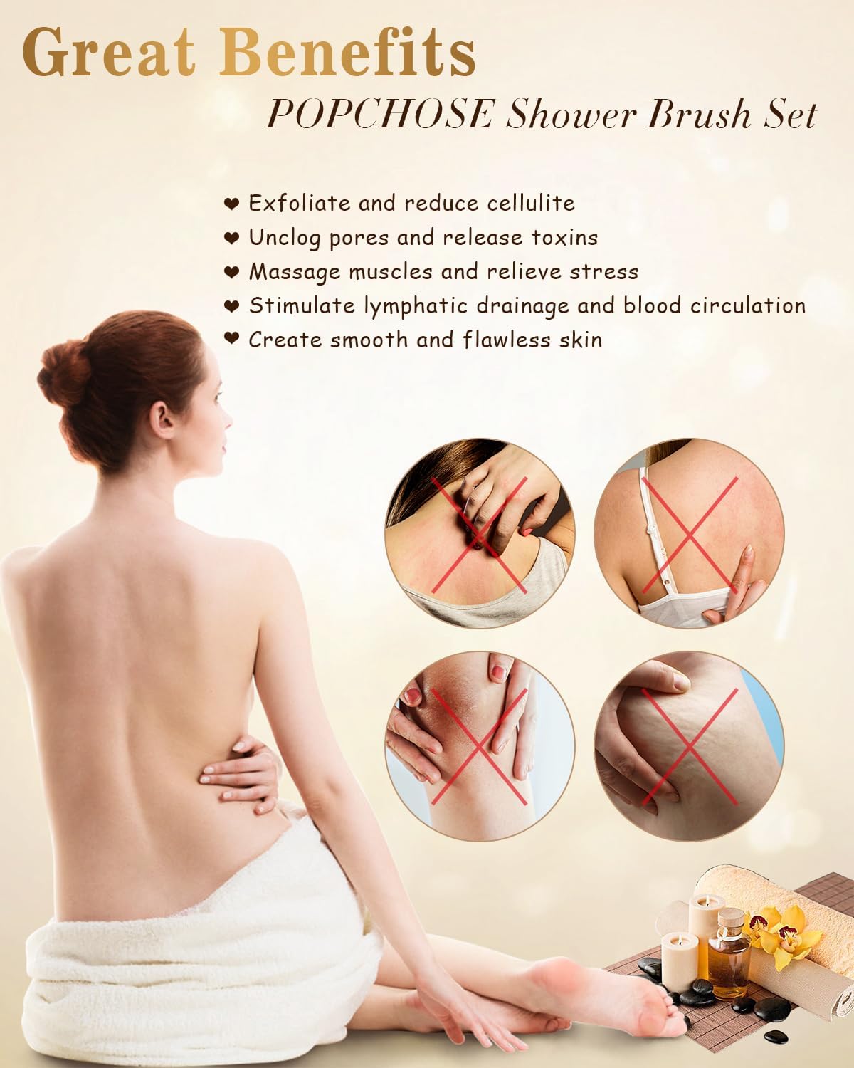 POPCHOSE Dry Brushing Body Brush, Back Scrubber for Shower Dual Heads