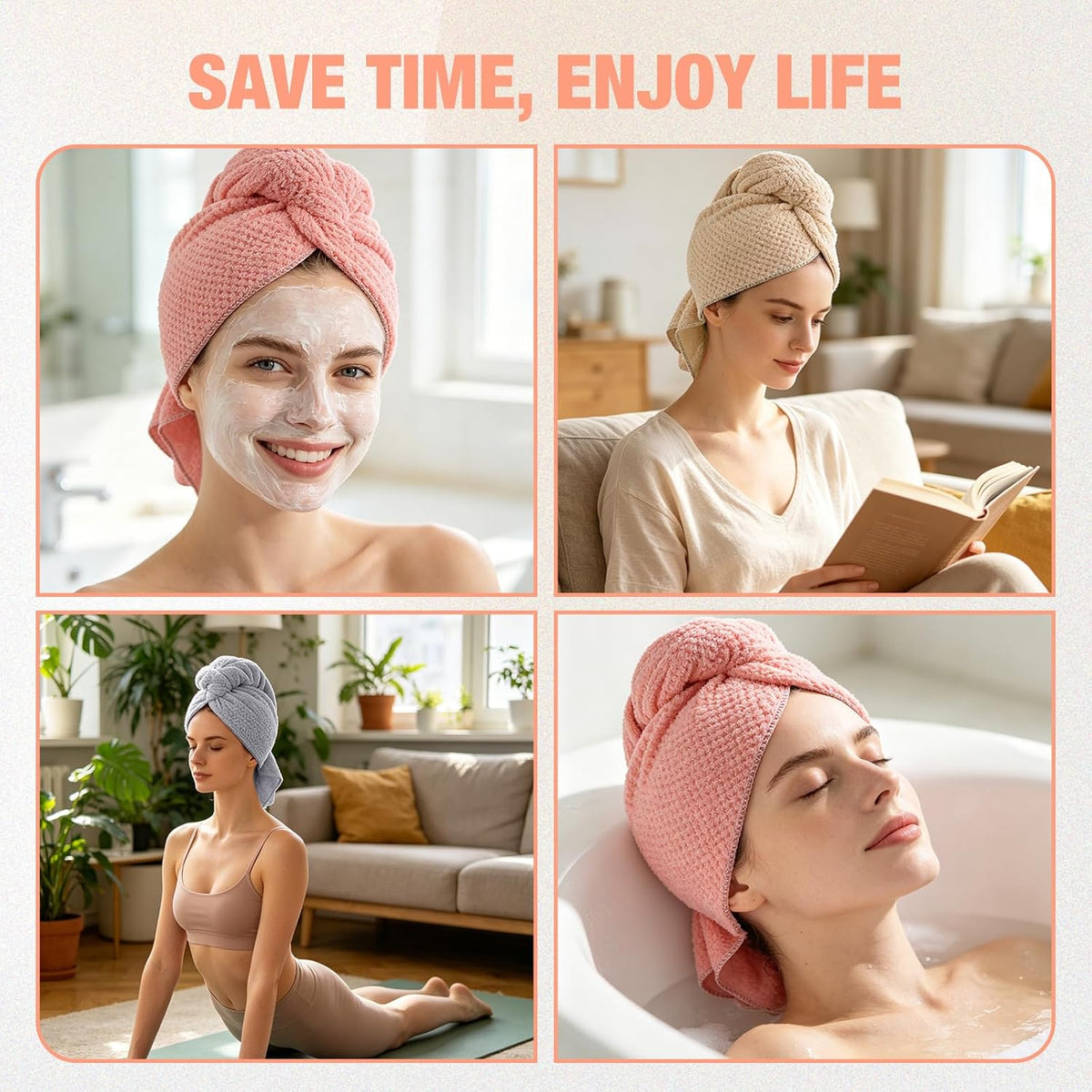 3 Pack Microfiber Hair Drying Towels for Women, Super Absorbent Microfiber Hair Towel for Curly Hair, Hair Drying Towel Wrap for Hair Care with Elastic Strap