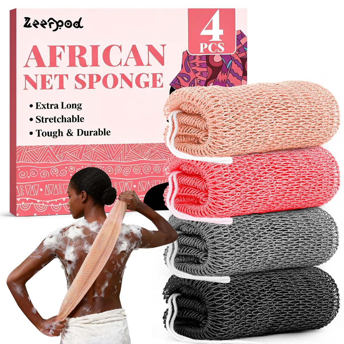 African Net Sponge Authentic-4 Packs African Exfoliating Net Sponge,Bath Sponges for Shower,42 inch Long for Normal to Sensitive Skin, for Daily use, Body Exfoliator Shower(Linen&Brown&Black&Grey)