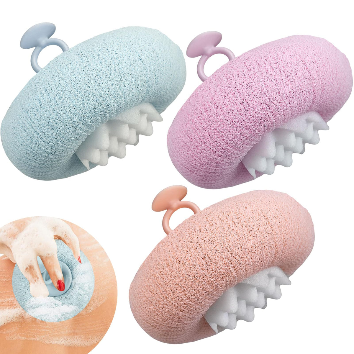 4Pcs New Upgrade 2-in-1 Sunflower Bath Ball, Ultra Soft Bath Sponge Cleaning Brush, Suction Cup Bath Ball with Finger Rings,Exfoliating Shower Loofah Sponges(Pink+Blue-Green+Beige+Purple)