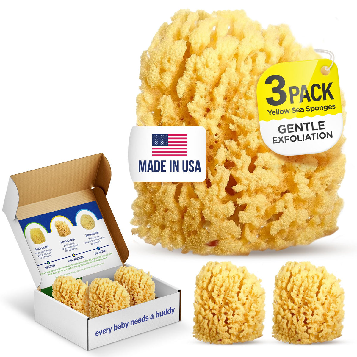 Baby Buddy (1 Count, 4 Inch) Natural Yellow Sea Bath Sponge, Natural Baby Bath Sponge for Newborns and Kids, Soft When Wet, Absorbent, Biodegradable, Hypoallergenic