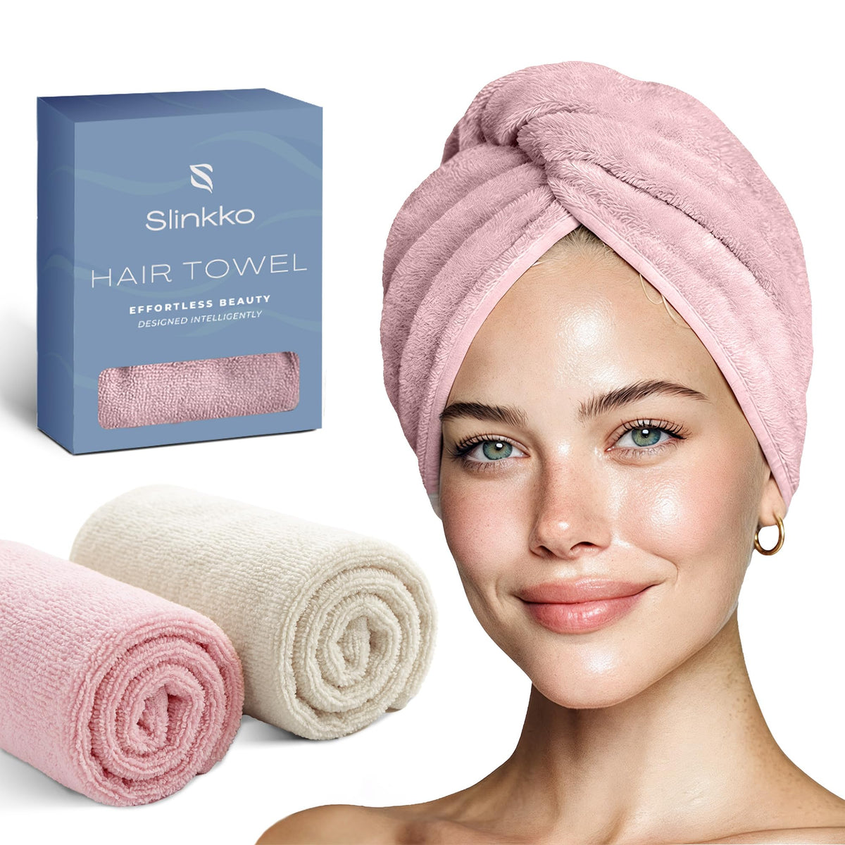 Microfiber Hair Towel Wrap for Women – Ultra Absorbent Quick Dry Turban | Button & Loop Design | Soft Lightweight Fabric | Reduces Frizz & Breakage | All Hair Types | Pink & Beige
