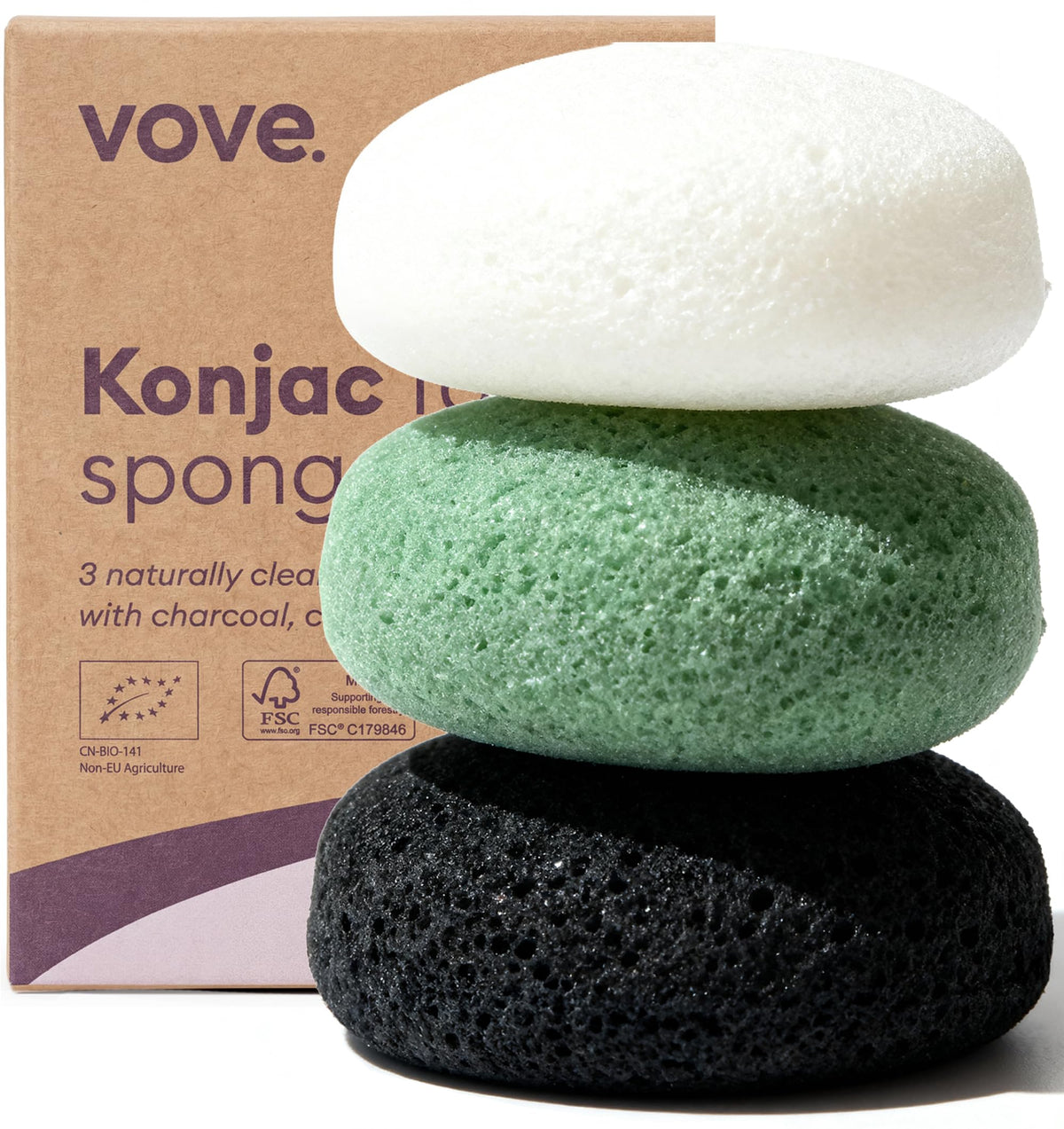 Vove Organic Konjac Exfoliating Body Sponges 2-Pack, Plant-Based