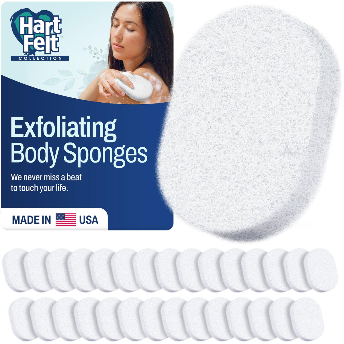 HartFelt Bath Sponges for Shower | Oval Body Wash Scrubber for Exfoliating Skin | Clean and Refresh Body, Back & Arms | Chemical-Free Body Sponge | Made in USA - Pack of 6