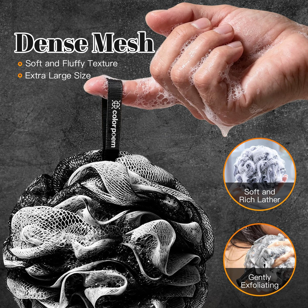 Charcoal 100g Loofah Sponge, Loofah with Hanging Loop 4 pcs, XXXL Mesh Black Bath Sponge Puff Set, Exfoliating & Soothing Shower Loofah for Men – Back & Body Bath Sponge