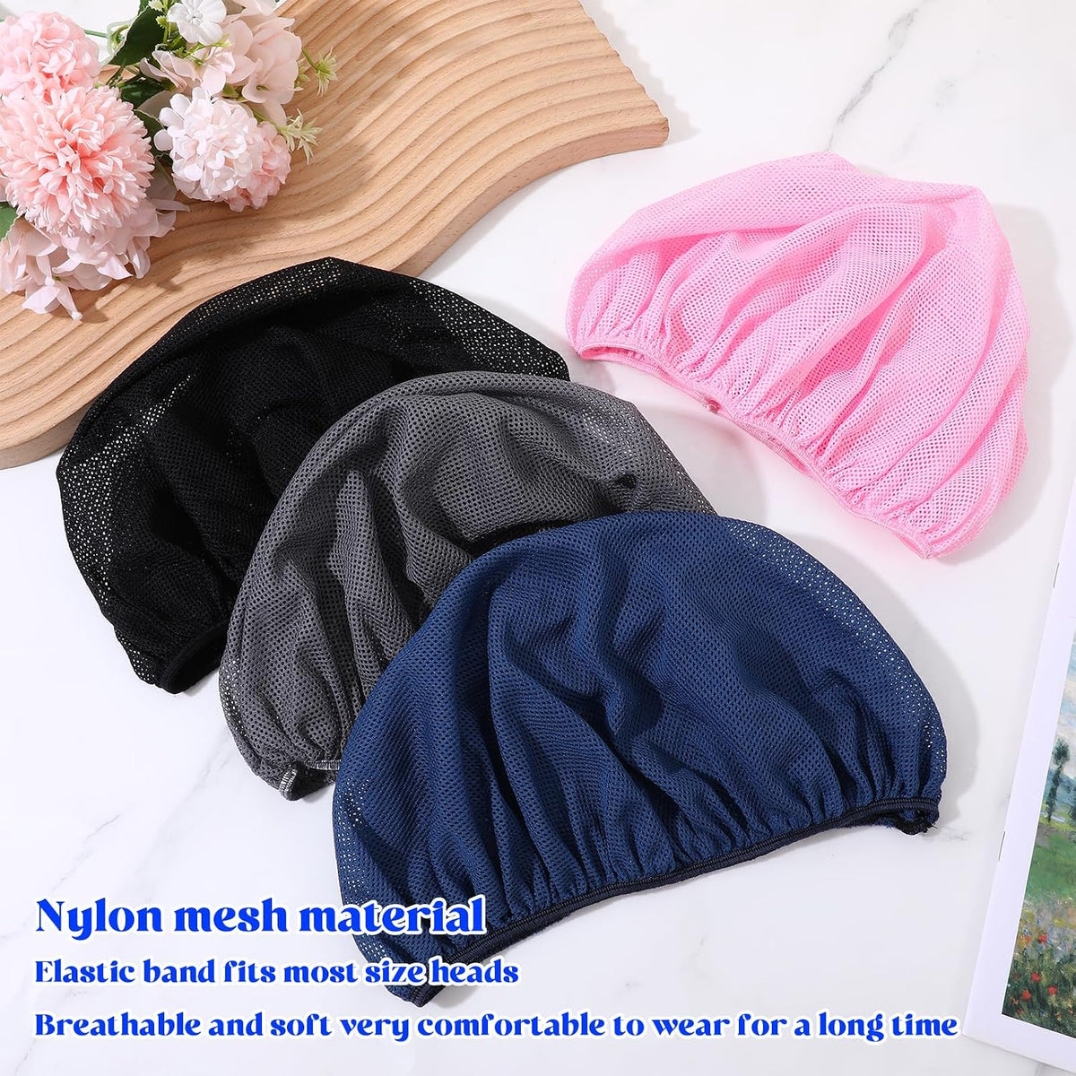 4pcs Mesh Hair Net for Sleeping, Net Plopping Cap for Drying Curly Hair, Curly Hair Drying Cap for Women Sleeping Dry Hairs, Kitchen Home Use (Black, Navy, Dark Blue, Gray)