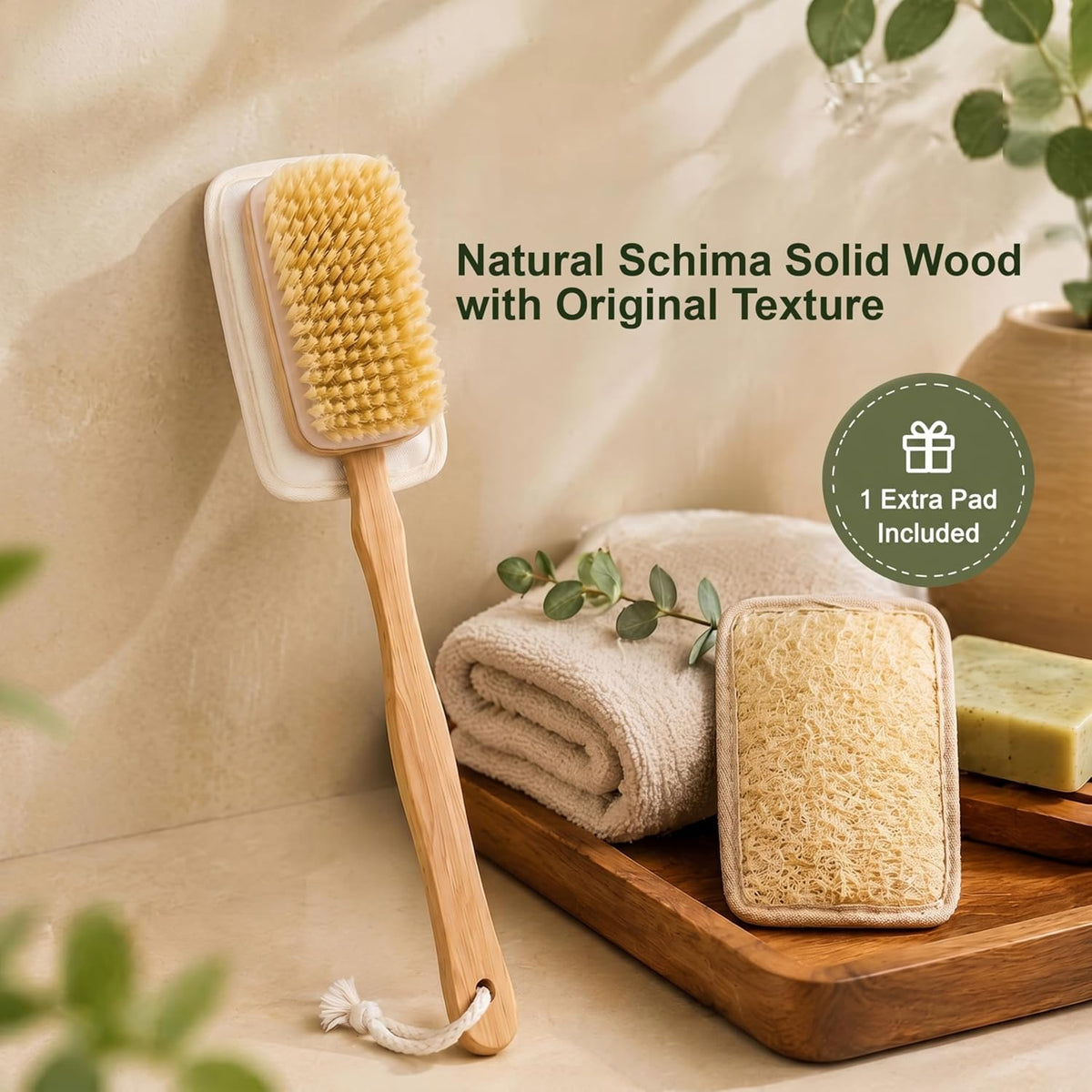 Back Scrubber 16.35in Handle, Boar Bristle Shower Brush Exfoliating Set