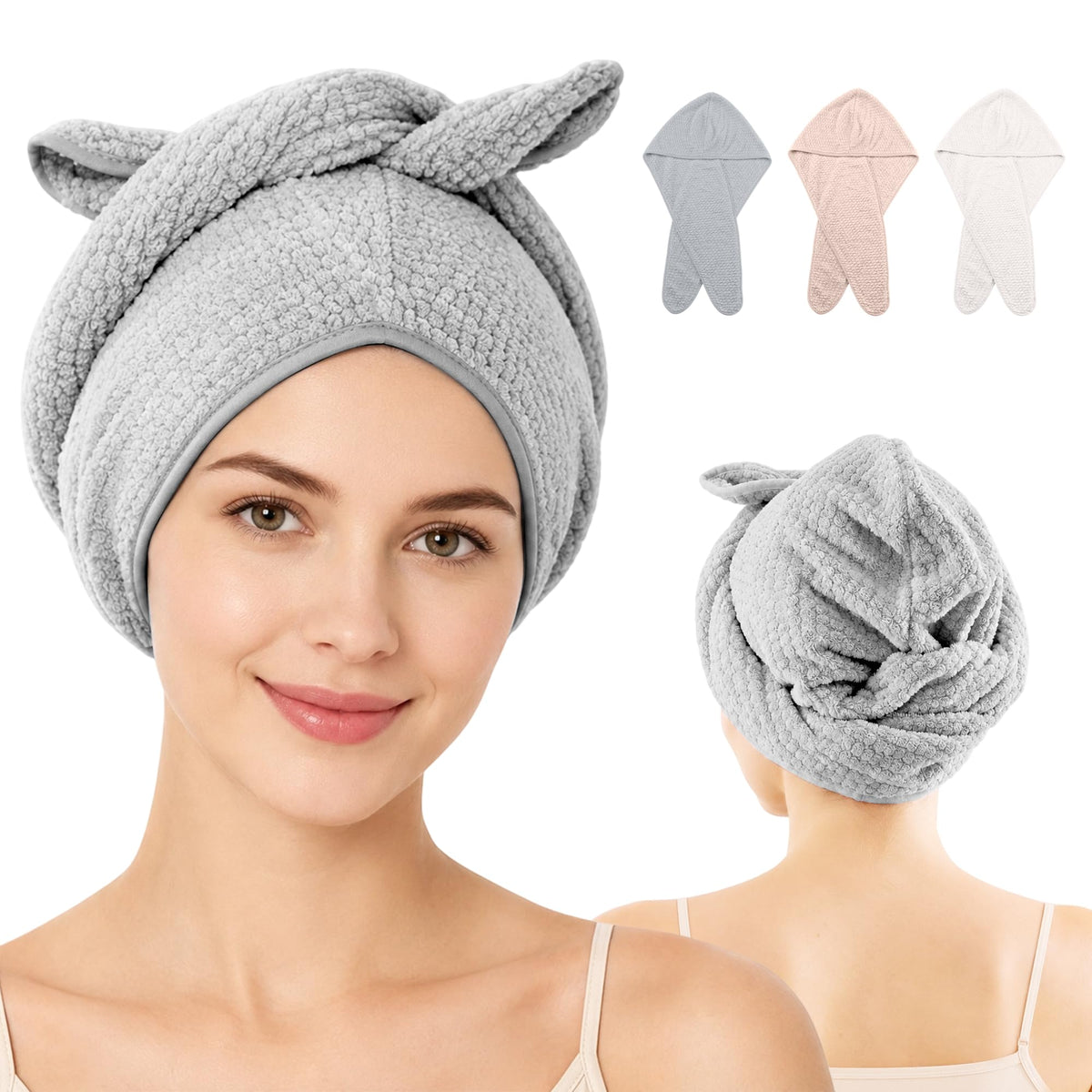 3 Pack Hair Drying Wraps, Twist Turbans, White, Gray & Khaki