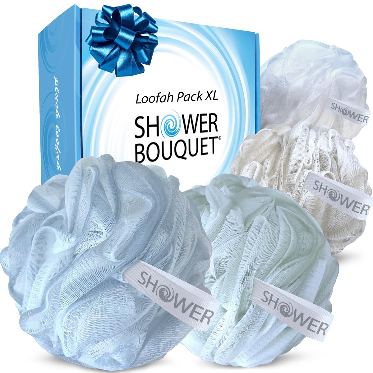 SHOWER BOUQUET Loofah-Charcoal Bath-Sponge-4-Pack Extra-Large 75g Soft Mesh