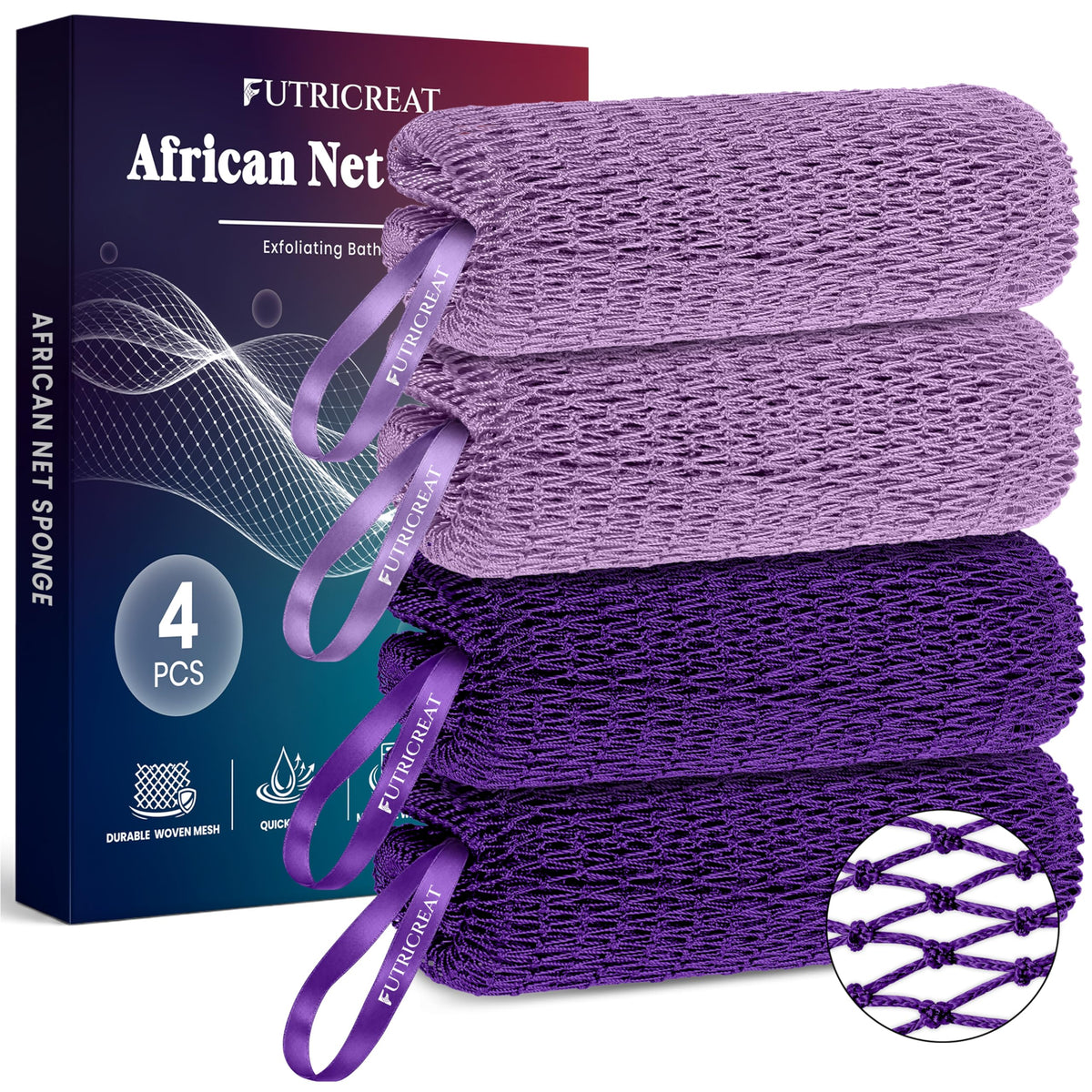 4 Pack Authentic African Net Sponge, Exfoliating Washcloth, Back Scrubber