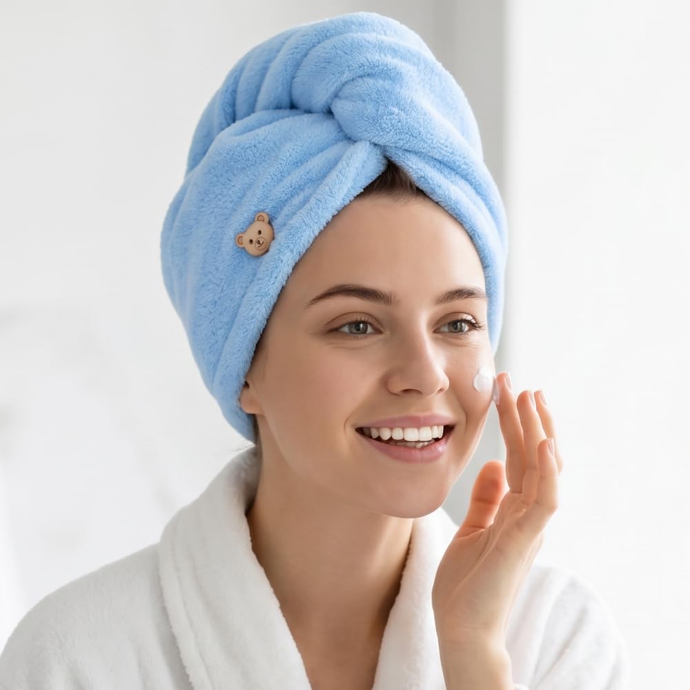 Hair Towel Wrap for Women, Super Soft Absorbent Hair Towel with Button, Quick-Dry Hairs Wrap for Long Thick Curly Hairs, Head Wraps for Home Travel Gym Yoga Spa, Women Essentials Must Haves, Blue