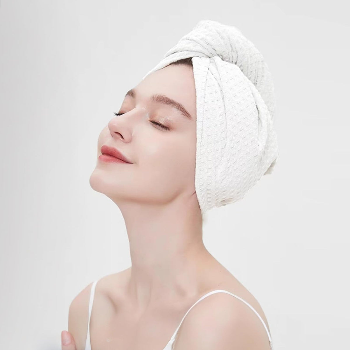 Microfiber Hair Drying Towel with Button 1Pack Khaki Waffle Long Hair Head Wraps Twist Plopping Curly Shower Turban Terry Cloth Fast Absorbent Dry Anti Frizz Hair Wraps for Women Wet Hair