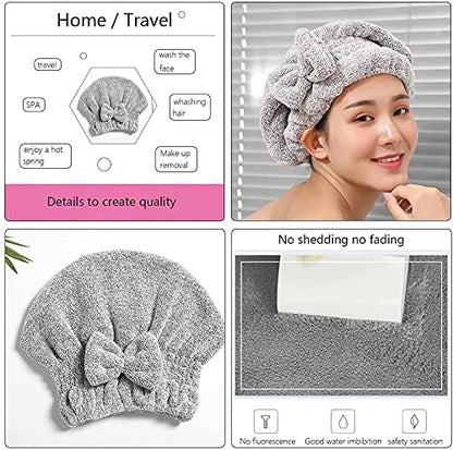 Microfiber Hair Towel Wrap, Soft Absorbent & Quick Drying Cap Set for Curly Thick Hair, Women & Girls - 2 Pcs (Stripe & Gray)