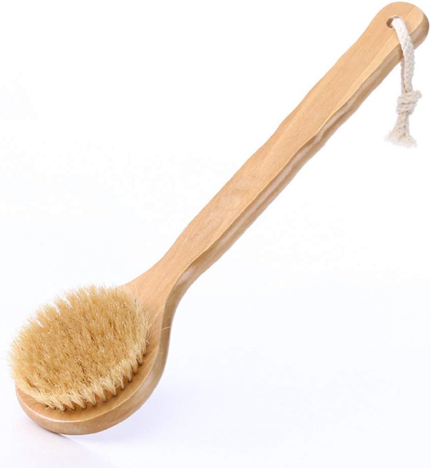 12.6” Long Handle Dry Bath Body Brush Back Scrubber, Bamboo Handle Shower Brush with Soft Horsehair Mane Natural Bristles, Great for Detox, Exfoliating, Cellulite, Blood Circulation, etc.