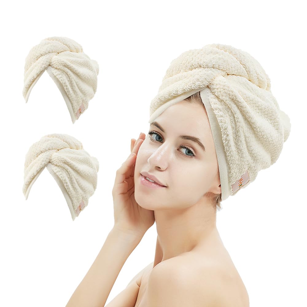 M-bestl 2 Pack Microfiber Hair Towel Wrap with Button,Quick Dry(Pink&Beige)