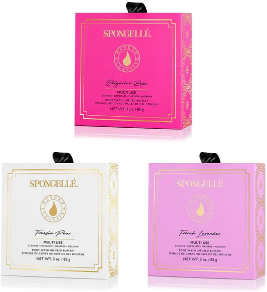 Spongellé Wild Flower Bath Sponge with Box Bundle, Mothers Day Gift | Bulgarian Rose, French Lavender, Freesia Pear | Built-in Body Wash & Body Scrubber, Shower Loofah Sponge for Women | 14+ uses