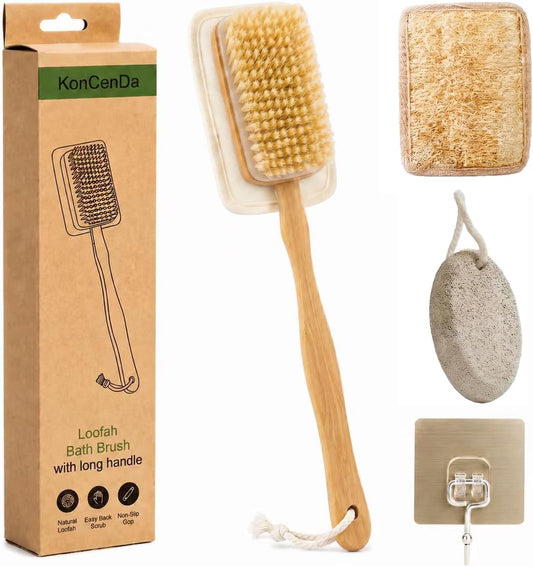 Back Scrubber 16.35in Handle, Boar Bristle Shower Brush Exfoliating Set