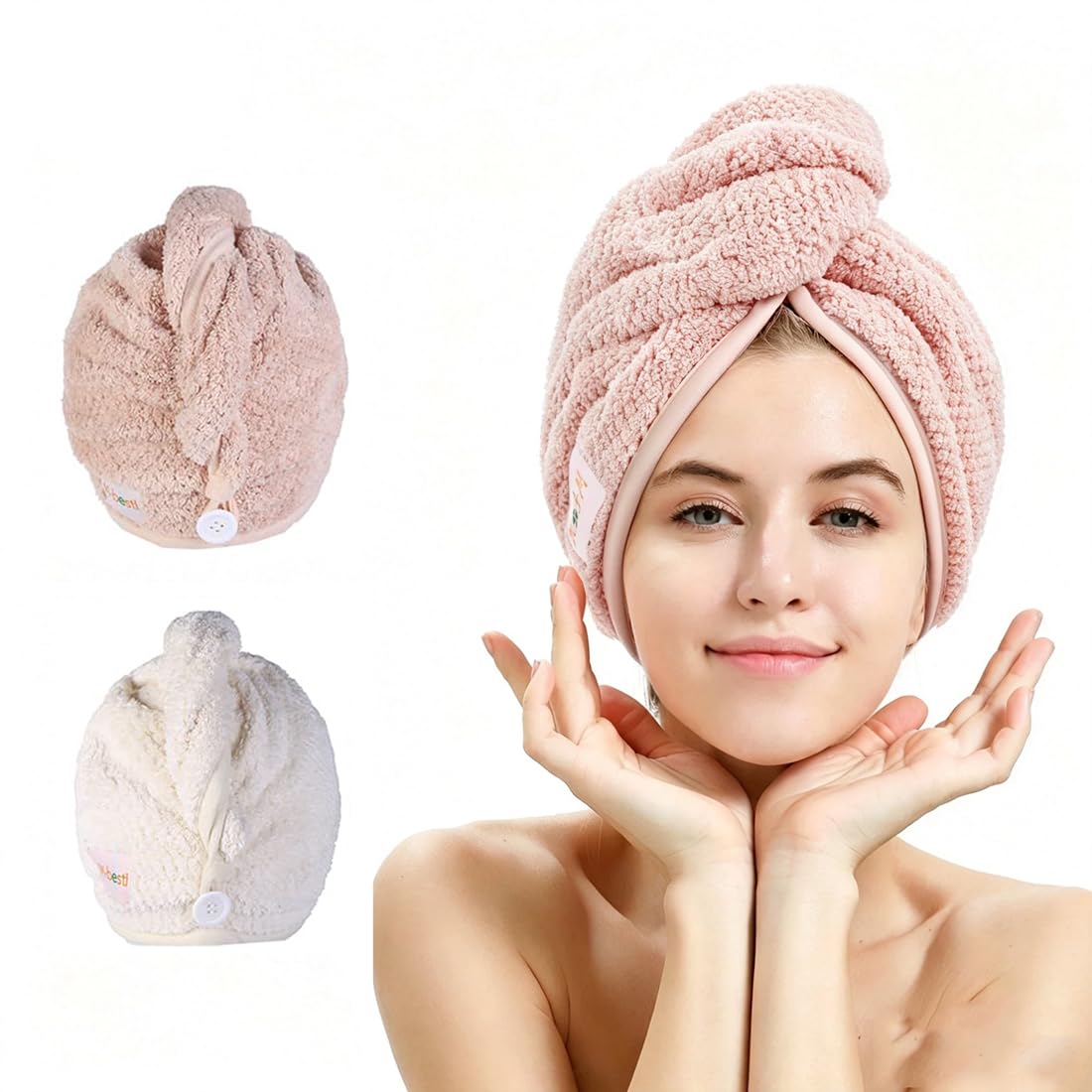 M-bestl Microfiber Hair Towel Wrap to Dry Short Hair Quickly (Pink&Gray)