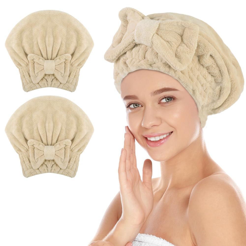 SUNLAND Large Microfiber Hair Drying Caps with Bow Knot 2 Pack Grey