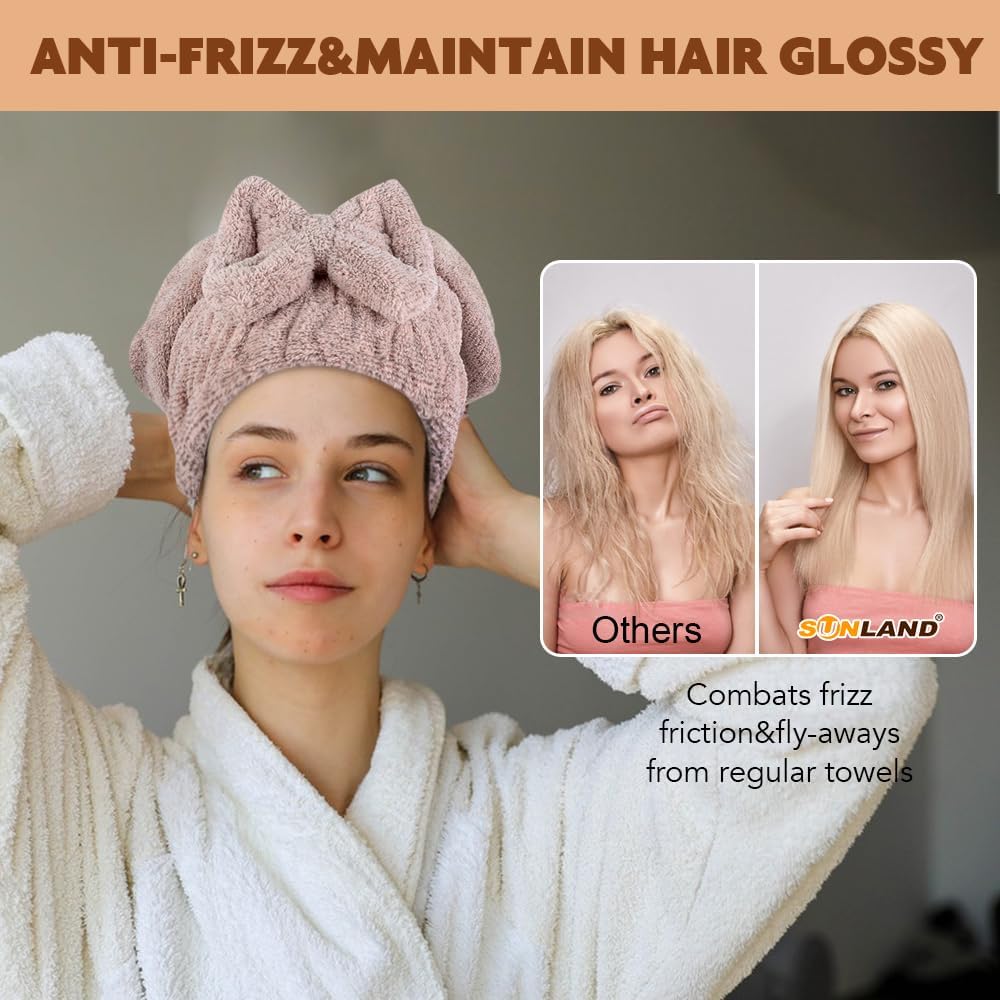 SUNLAND Large Microfiber Hair Drying Caps with Bow Knot 2 Pack Brown