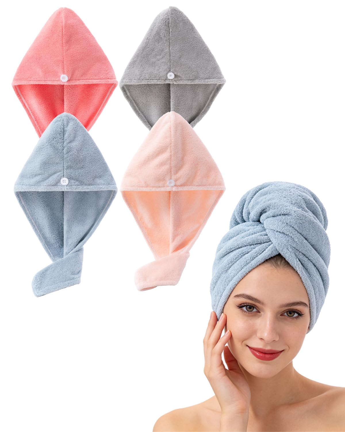 Lumimi Bath Pre Dry Hair Towel with Button, Red Grey, 2 Pack