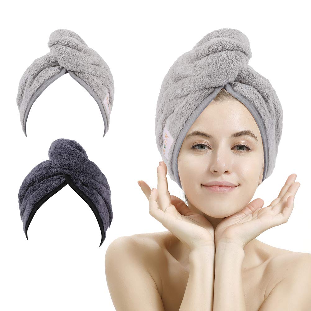 M-bestl 2 Pack Microfiber Hair Towel Wrap with Button,Quick Dry(Pink&Beige)