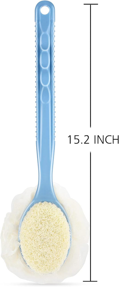 Shower Body Brush Bristles & Mesh Loofah Sponge,Curved Handle Back Scrubber