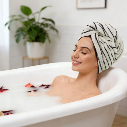 Jacquotha Cotton Hair Towel Wrap for Women (Black & White Striped)