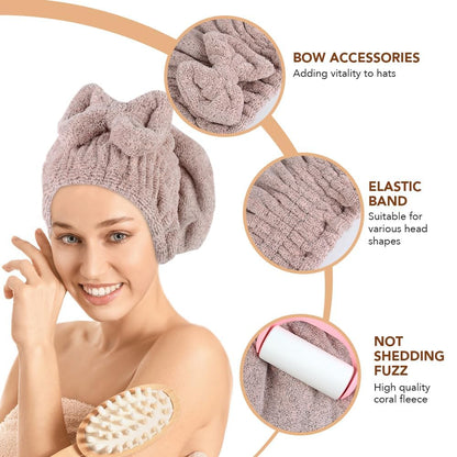SUNLAND Large Microfiber Hair Drying Caps with Bow Knot 2 Pack Brown