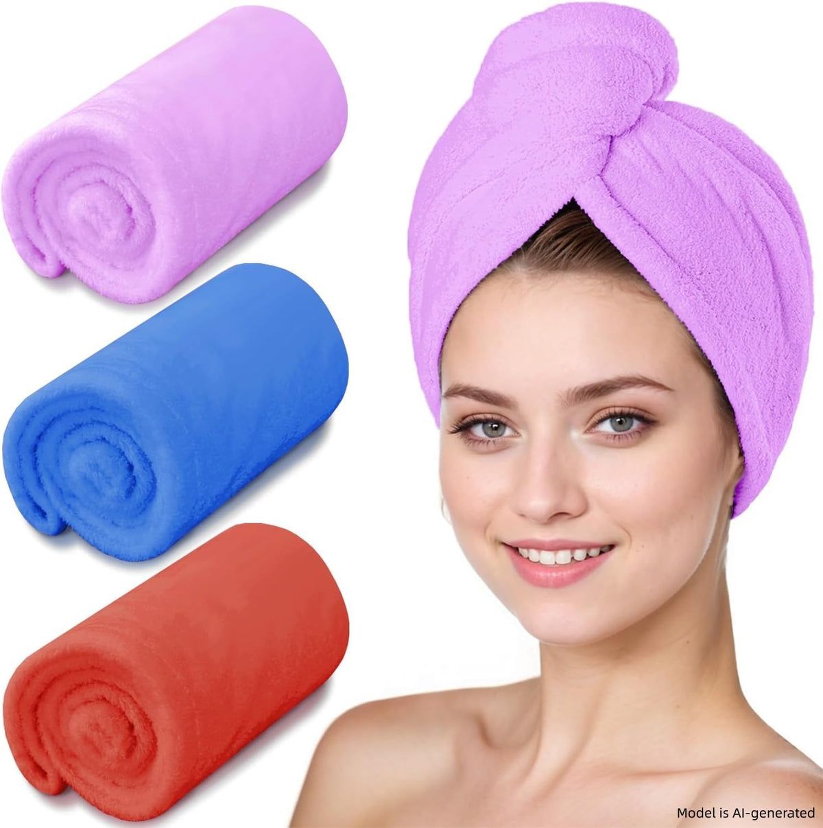 3 Pack Microfiber Hair Towel Wrap for Women, Fast Drying Hair Turban with Button, Anti-Frizz Large Hair Towel for All Hair Styles, Soft & Absorbent Hair Drying Towel