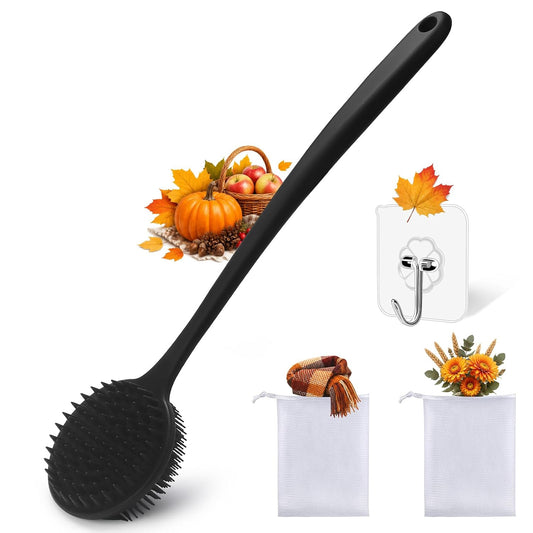 Silicone Body Scrubber for Shower Men Women – Dual-Sided Exfoliating & Massage Shower Brush with Long Handle, Creates Rich Lather, Includes 1 Hook & 2 Lather Balls (Black).