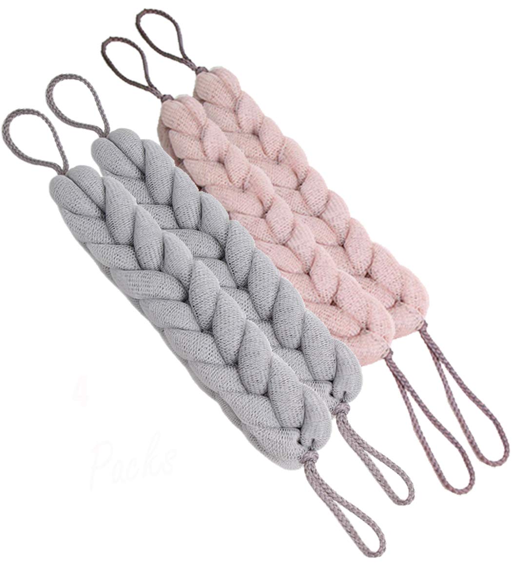 AARainbow 4 Packs Long Stretch Back Sponge with Rope Handles Back Scrubber Bath Shower Mesh Sponge Exfoliating Body Scrub Stretch Braided Loofah for Men and Women (B-1 Grey+1 Green+1 Pink+1 Coffee)