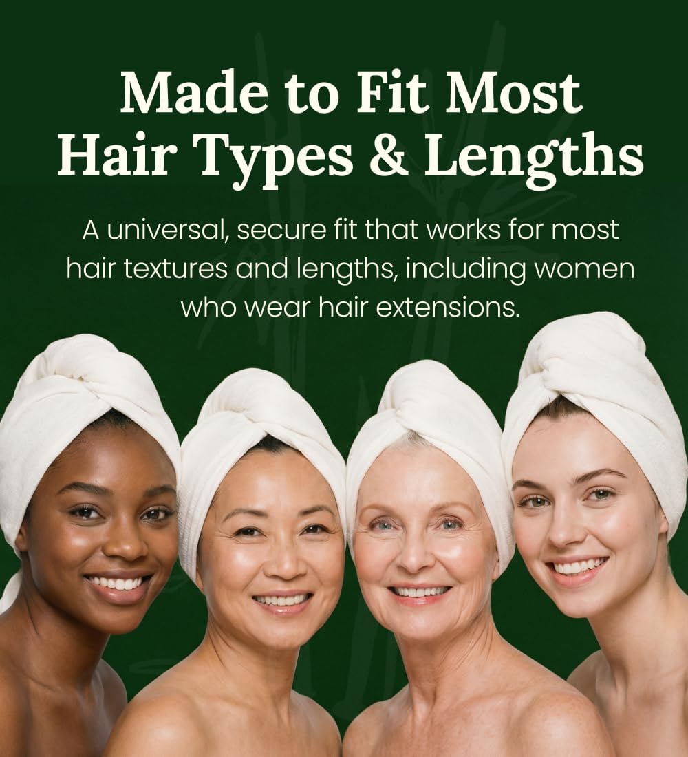 Hair Towel Wrap for Women, Bamboo Made for Advanced Absorption & Fast Drying, Anti-Frizz & Curl Friendly, Superior Alternative to Microfiber Hair Towel Wrap, Includes Elastic Strap, Ivory White 1-Pack