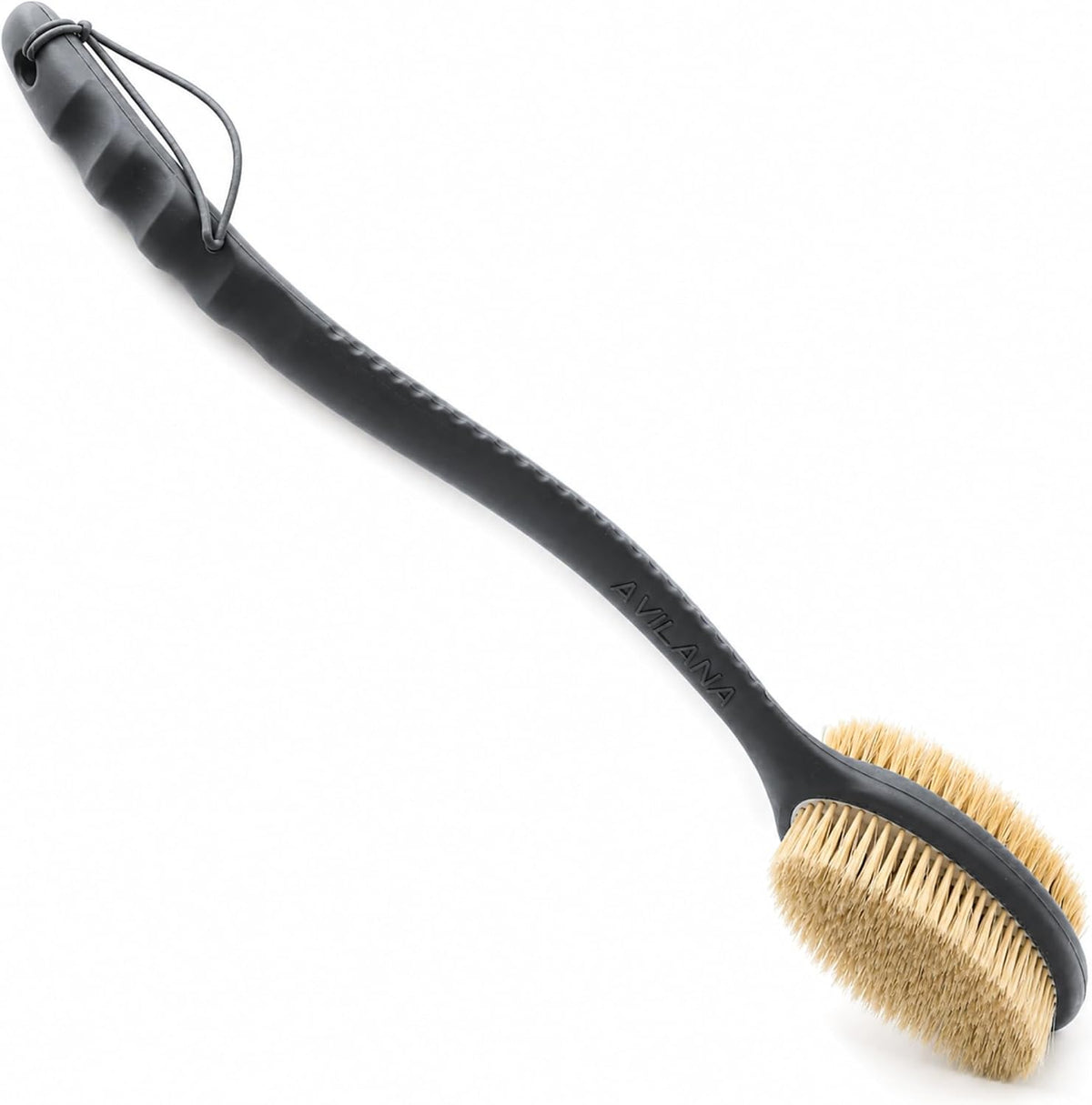 Avilana Long Handle Body Brush for Shower, 19 Inch Curved Back Scrubber with Soft & Stiff Bristles, Exfoliating Body Brush for Back, Legs & Feet, Non-Slip Silicone Handle, Replaceable Head System